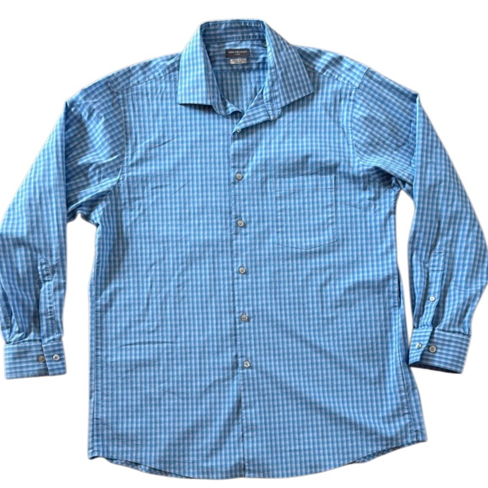 Van Heusen Regular Fit Checkered Long Sleeve Button Down Shirt Lagoon Blue 16.5